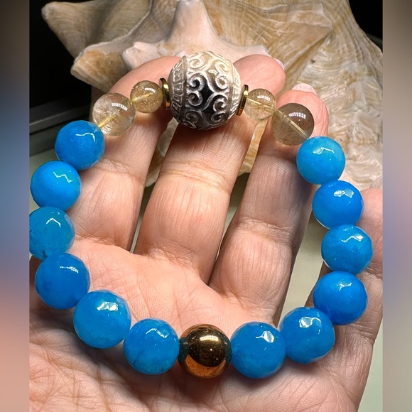 BLUE AGATE + JAK HORNS NATURAL STONES BRACELET size 7.5” - Picture 11 of 13